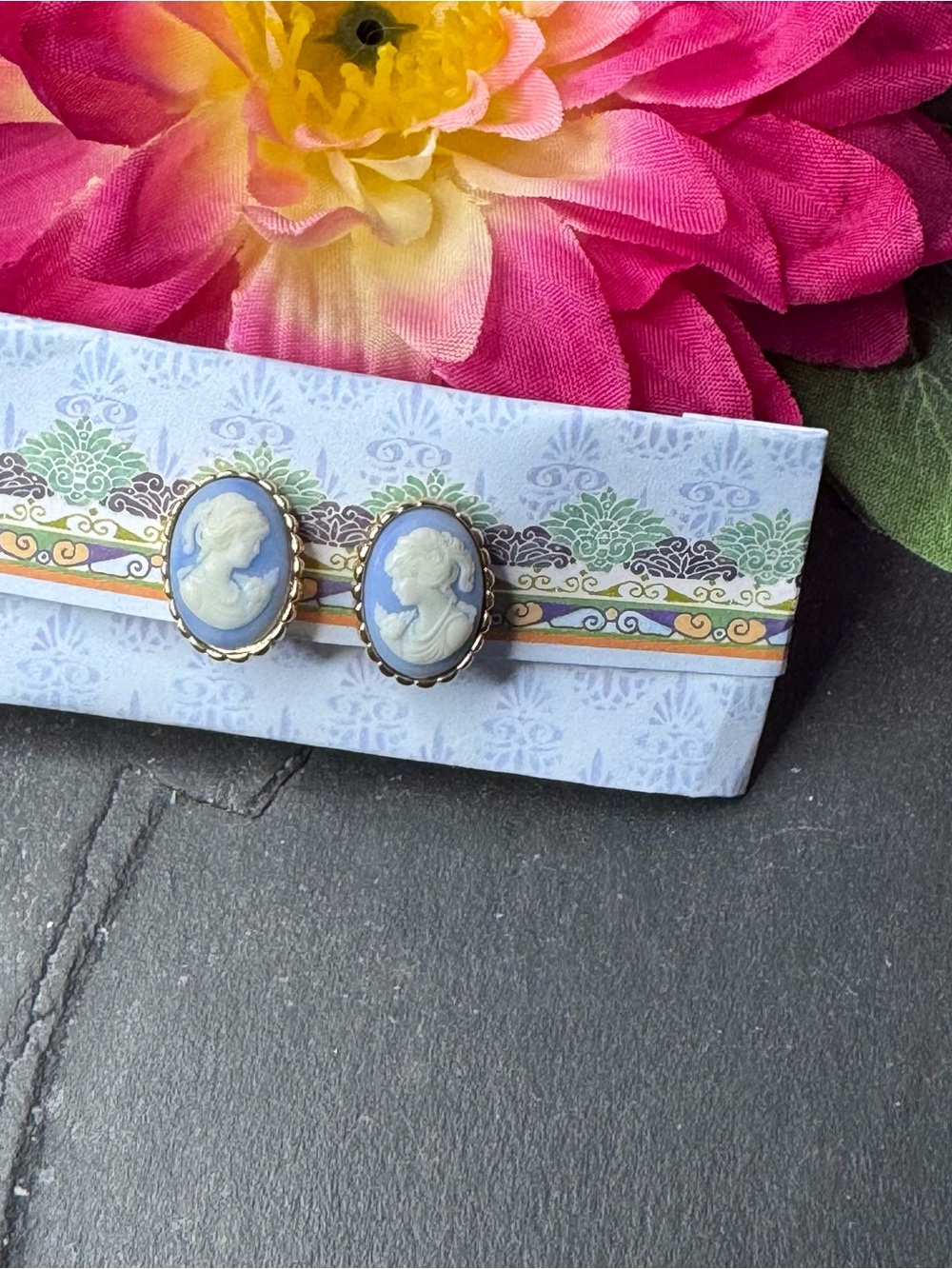D’Orlan Blue Cameo Silhouette Clip on Earrings - Classic Women Jewelry Vintage